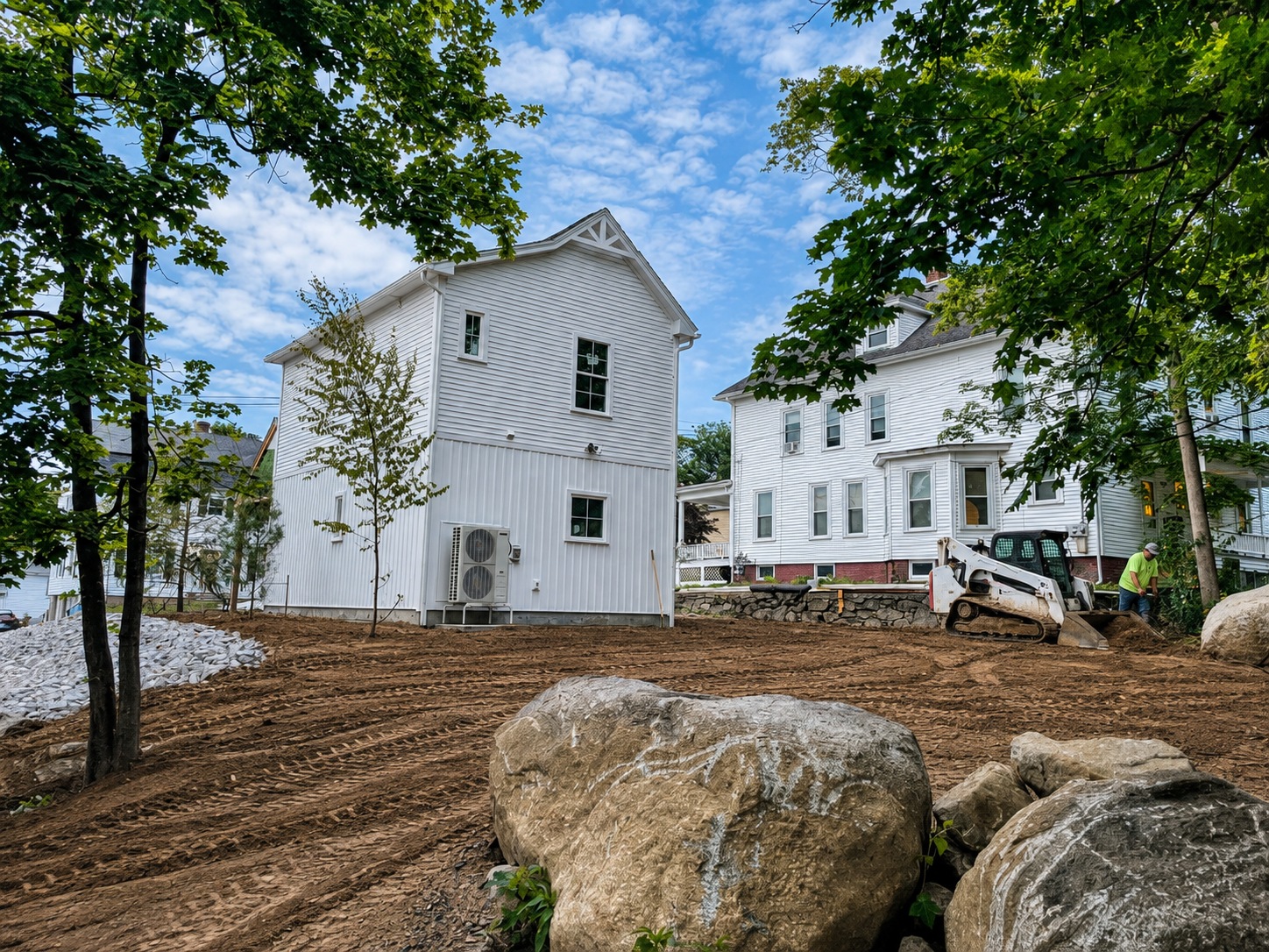 Rear exterior with site grading and landscaping in progress