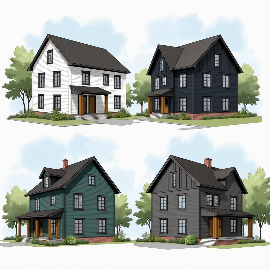 Four exterior color and material studies of the same home design