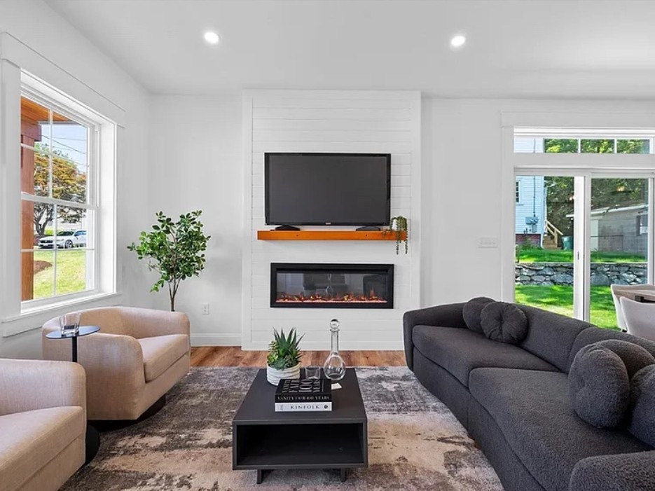 Living room with built-in electric fireplace
