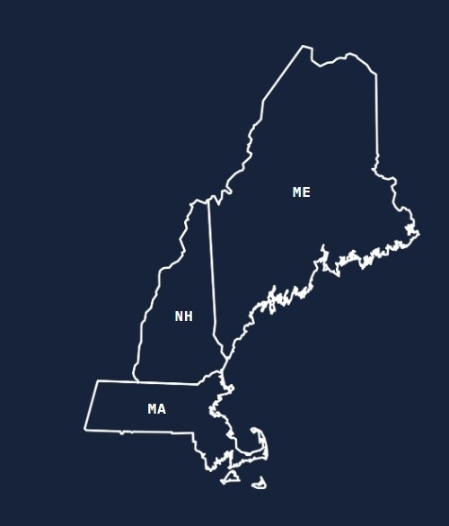 Outline map of Massachusetts, New Hampshire, and Maine showing Elm St Development's service area