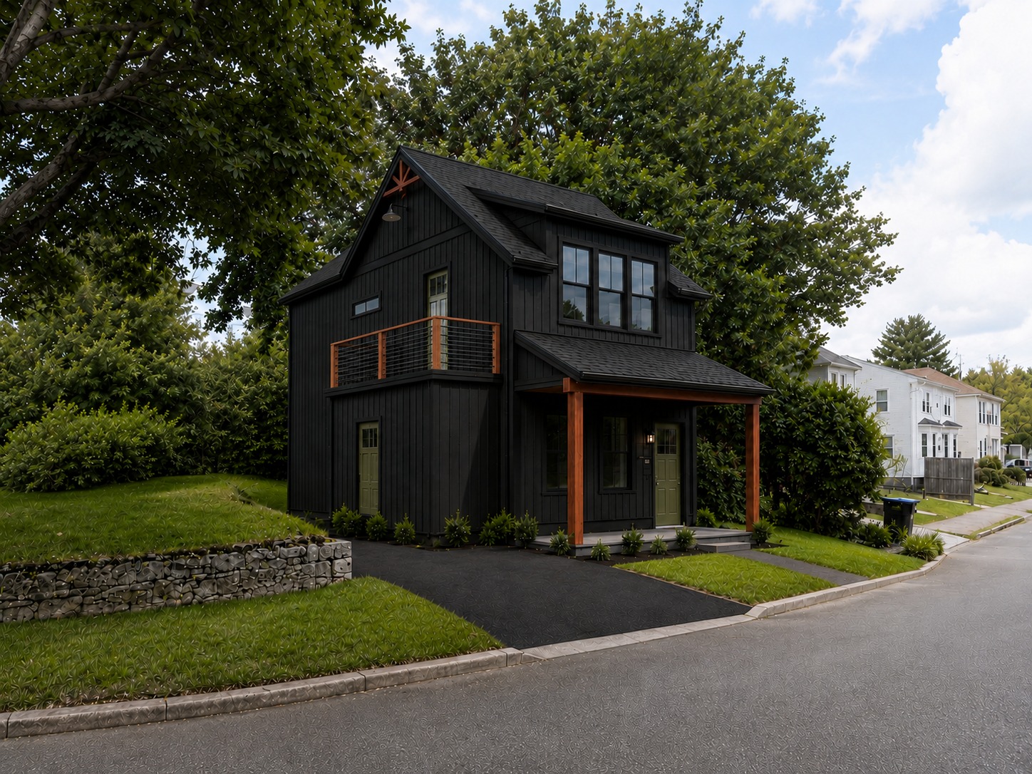 0 Upland Ave finished exterior in black board-and-batten with cedar porch posts and balcony railing